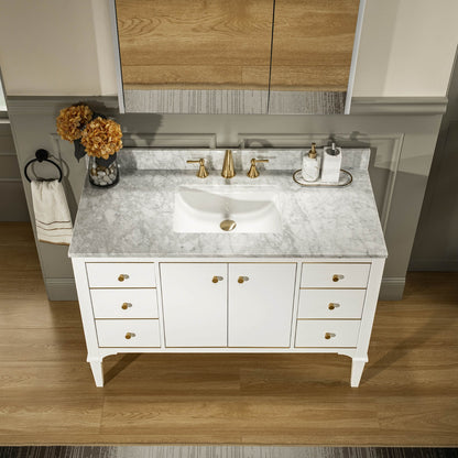 WOODBRIDGE 48" Roma-4821-White_CAVT4922-8 | Bathroom Vanity | with Carrara Marble Top, Undermount Sink, Solid Wood Cabinet, White Finish & Gold Hardware
