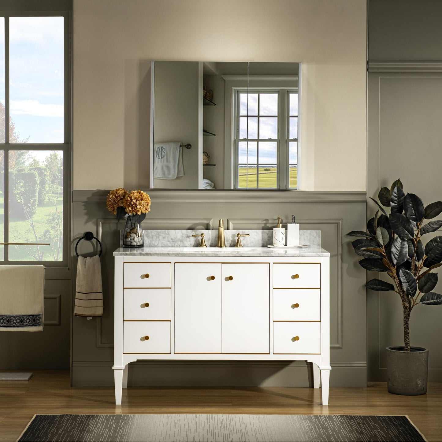 WOODBRIDGE 48" Roma-4821-White_CAVT4922-8 | Bathroom Vanity | with Carrara Marble Top, Undermount Sink, Solid Wood Cabinet, White Finish & Gold Hardware