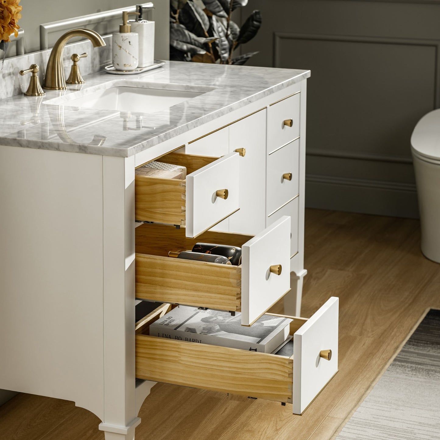 WOODBRIDGE 48" Roma-4821-White_CAVT4922-8 | Bathroom Vanity | with Carrara Marble Top, Undermount Sink, Solid Wood Cabinet, White Finish & Gold Hardware