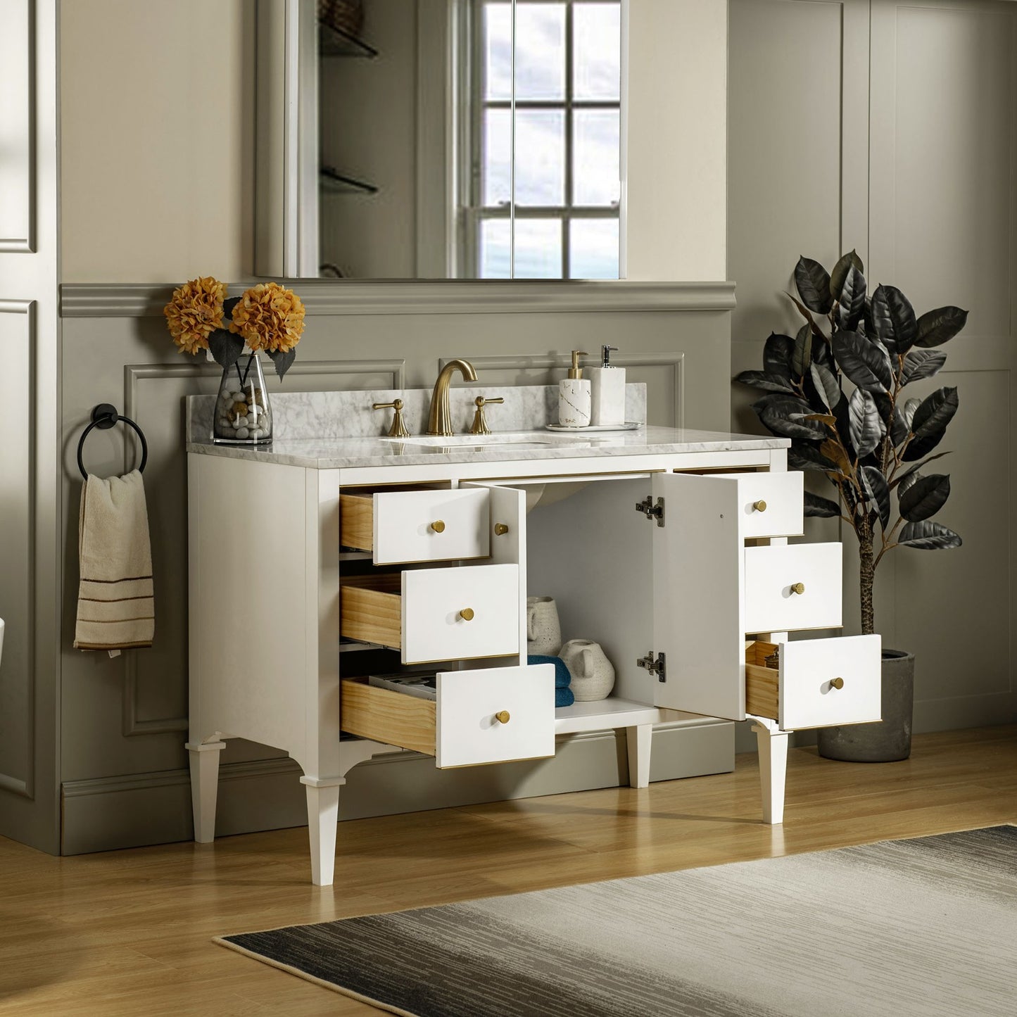 WOODBRIDGE 48" Roma-4821-White_CAVT4922-8 | Bathroom Vanity | with Carrara Marble Top, Undermount Sink, Solid Wood Cabinet, White Finish & Gold Hardware