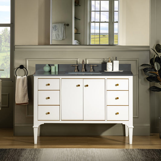 WOODBRIDGE 48" Roma-4821-White_DGVT4922-8 | Bathroom Vanity | with Dark Gray Engineered Stone Top, Undermount Sink, Solid Wood Cabinet, White Finish & Gold Hardware