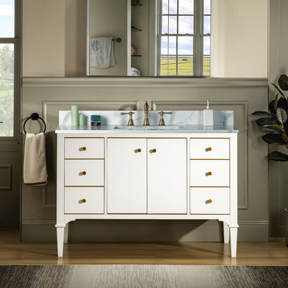 WOODBRIDGE 48" Roma-4821-White_FBVT4922-8 | Bathroom Vanity | with Fish Belly Engineered Stone Top, Undermount Sink, Solid Wood Cabinet, White Finish & Gold Hardware
