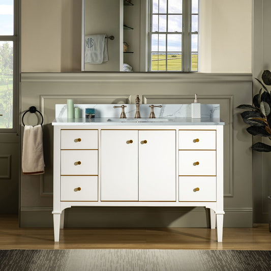 WOODBRIDGE 48" Roma-4821-White_FBVT4922-8 | Bathroom Vanity | with Fish Belly Engineered Stone Top, Undermount Sink, Solid Wood Cabinet, White Finish & Gold Hardware