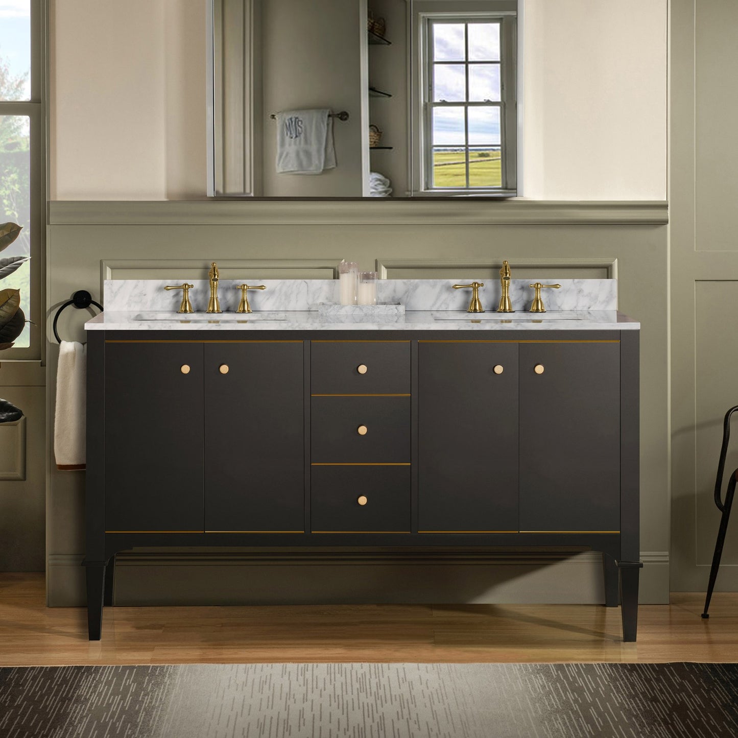 WOODBRIDGE Roma 61" | Double Bathroom Vanity | with Carrara Marble Top, Solid Wood Cabinet, Espresso & White Finish & Gold Hardware