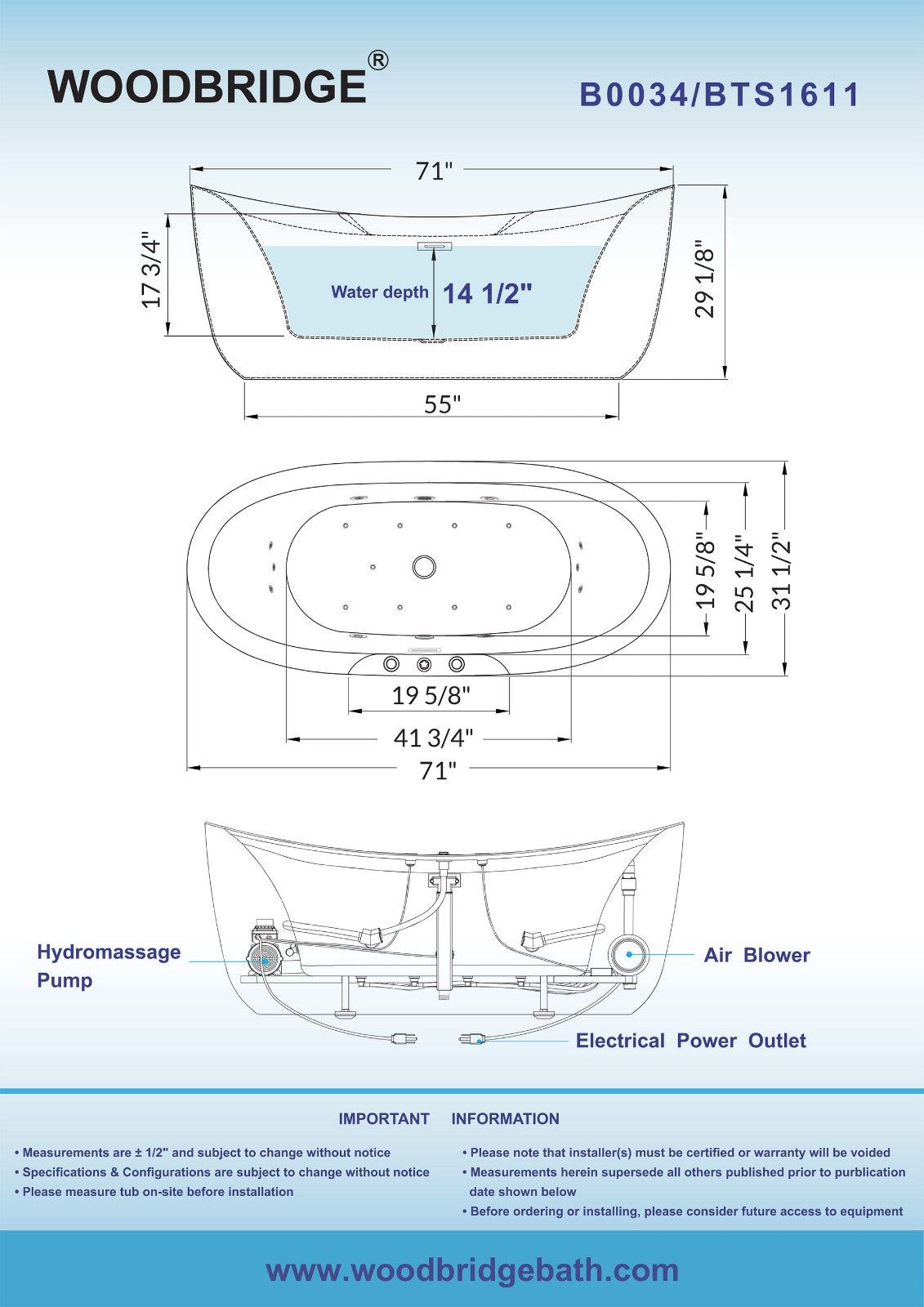 WOODBRIDGE 71" B0034 Whirlpool Water Jetted + Air Bubble Combo Freestanding Bathtub