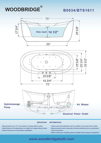 Woodbridge B0034 | 71" Combo Jet Freestanding Bathtub with Air Bubble & Whirlpool