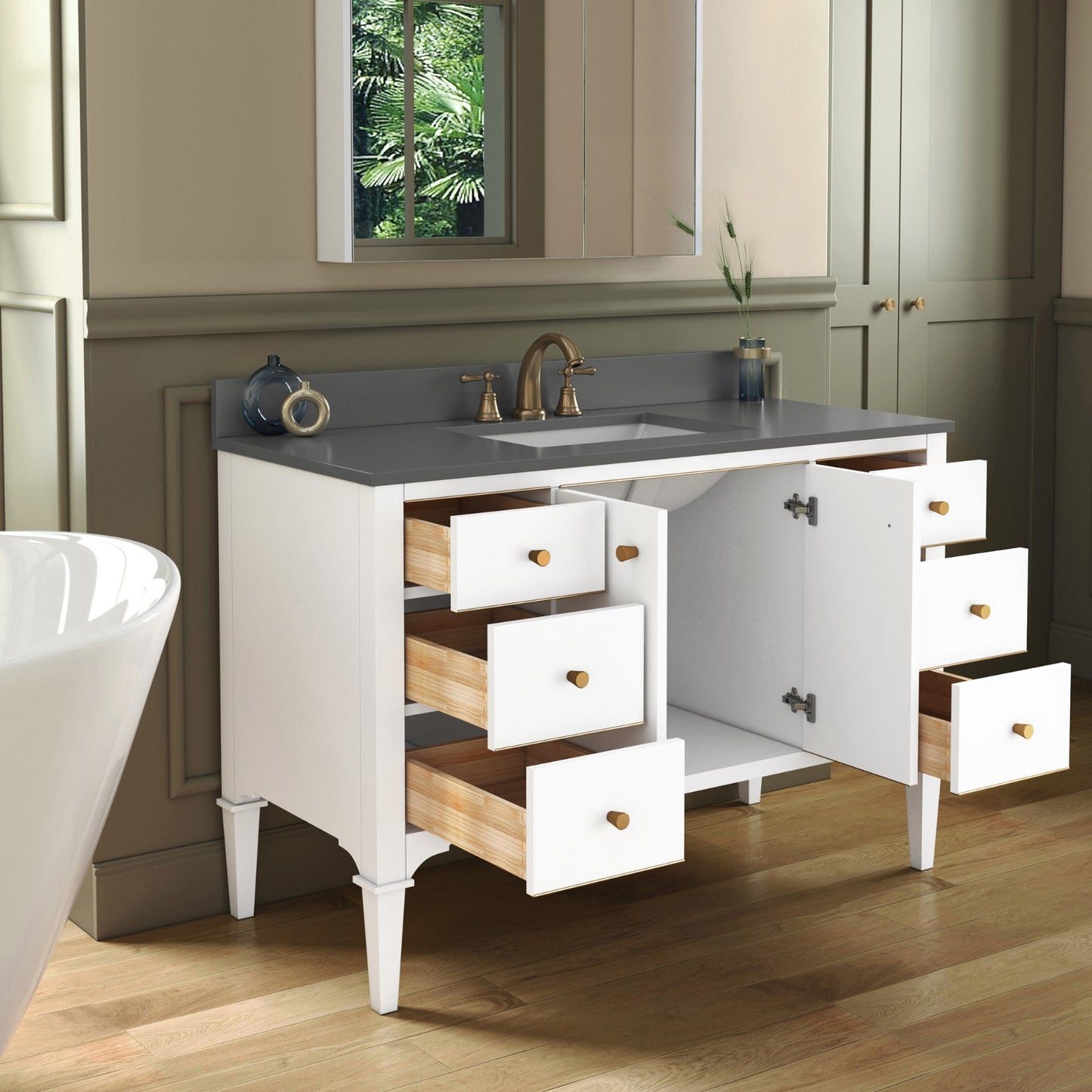 WOODBRIDGE 48" Roma-4821-White_DGVT4922-8 | Bathroom Vanity | with Dark Gray Engineered Stone Top, Undermount Sink, Solid Wood Cabinet, White Finish & Gold Hardware