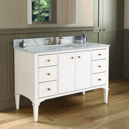WOODBRIDGE 48" Roma-4821-White_FBVT4922-8 | Bathroom Vanity | with Fish Belly Engineered Stone Top, Undermount Sink, Solid Wood Cabinet, White Finish & Gold Hardware