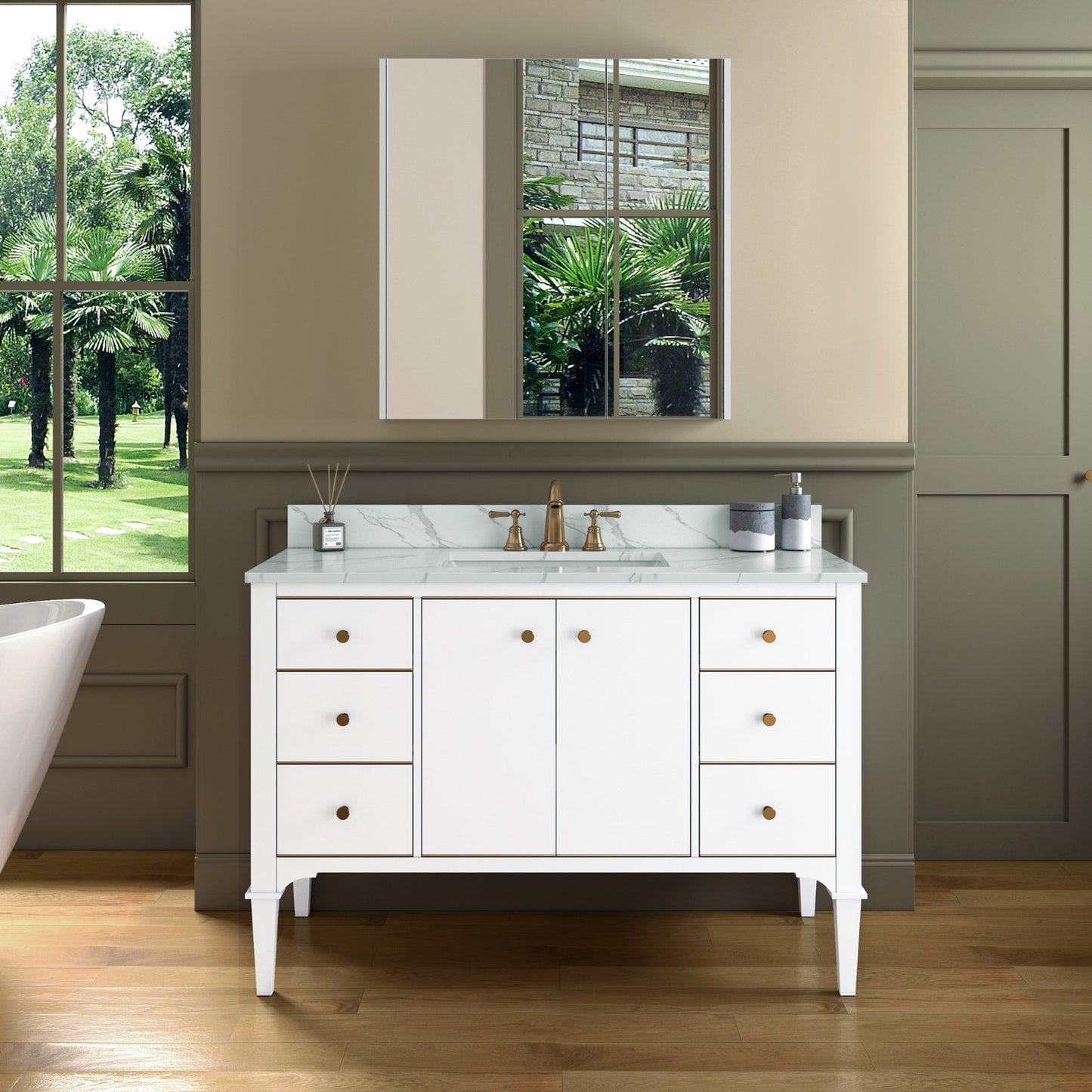 WOODBRIDGE 48" Roma-4821-White_FBVT4922-8 | Bathroom Vanity | with Fish Belly Engineered Stone Top, Undermount Sink, Solid Wood Cabinet, White Finish & Gold Hardware