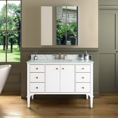WOODBRIDGE 48" Roma-4821-White_FBVT4922-8 | Bathroom Vanity | with Fish Belly Engineered Stone Top, Undermount Sink, Solid Wood Cabinet, White Finish & Gold Hardware