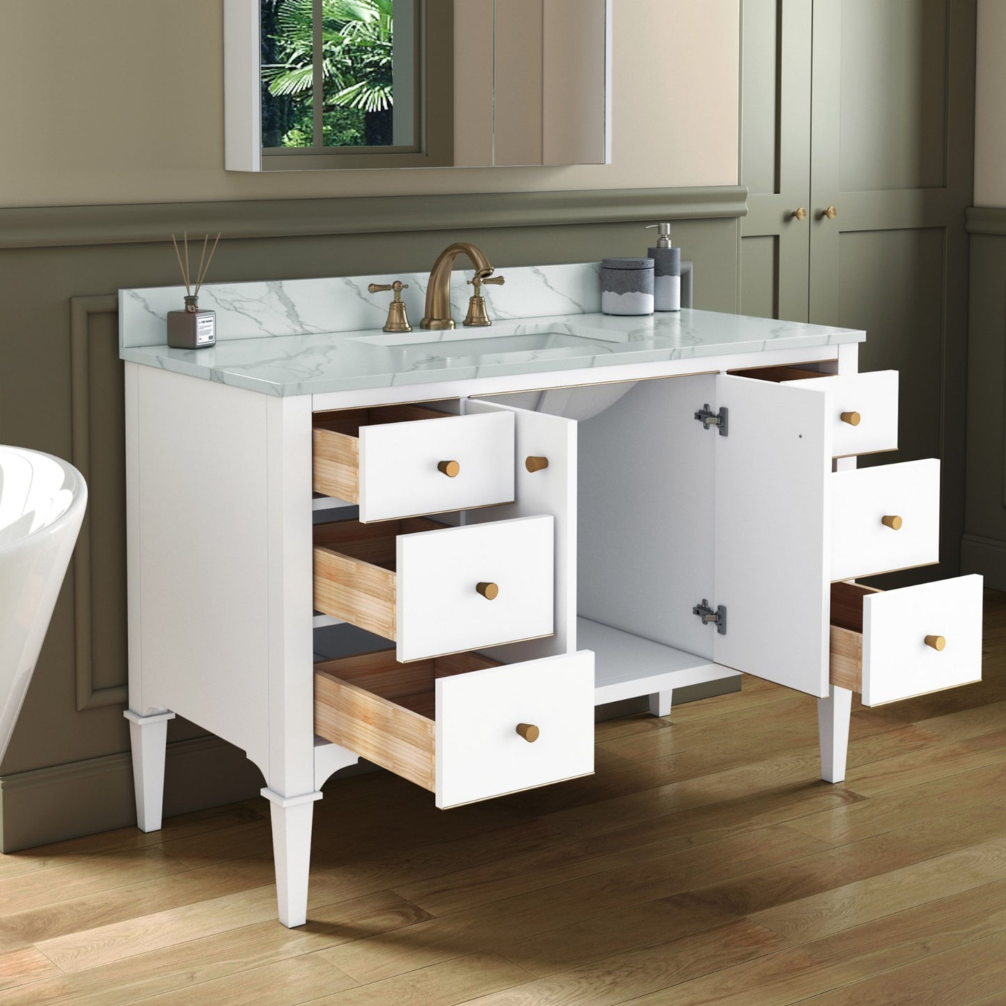 WOODBRIDGE 48" Roma-4821-White_FBVT4922-8 | Bathroom Vanity | with Fish Belly Engineered Stone Top, Undermount Sink, Solid Wood Cabinet, White Finish & Gold Hardware