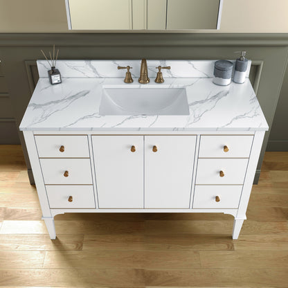 WOODBRIDGE 48" Roma-4821-White_FBVT4922-8 | Bathroom Vanity | with Fish Belly Engineered Stone Top, Undermount Sink, Solid Wood Cabinet, White Finish & Gold Hardware