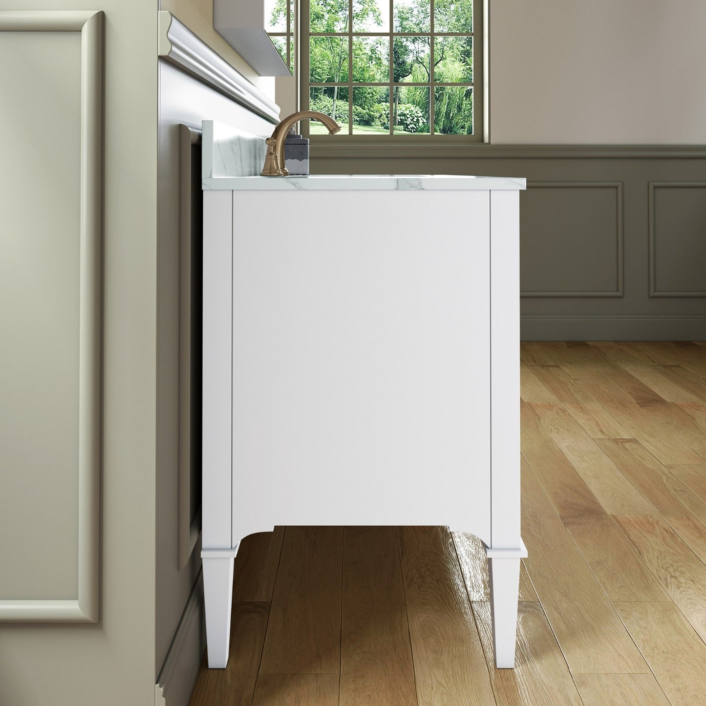 WOODBRIDGE 48" Roma-4821-White_FBVT4922-8 | Bathroom Vanity | with Fish Belly Engineered Stone Top, Undermount Sink, Solid Wood Cabinet, White Finish & Gold Hardware