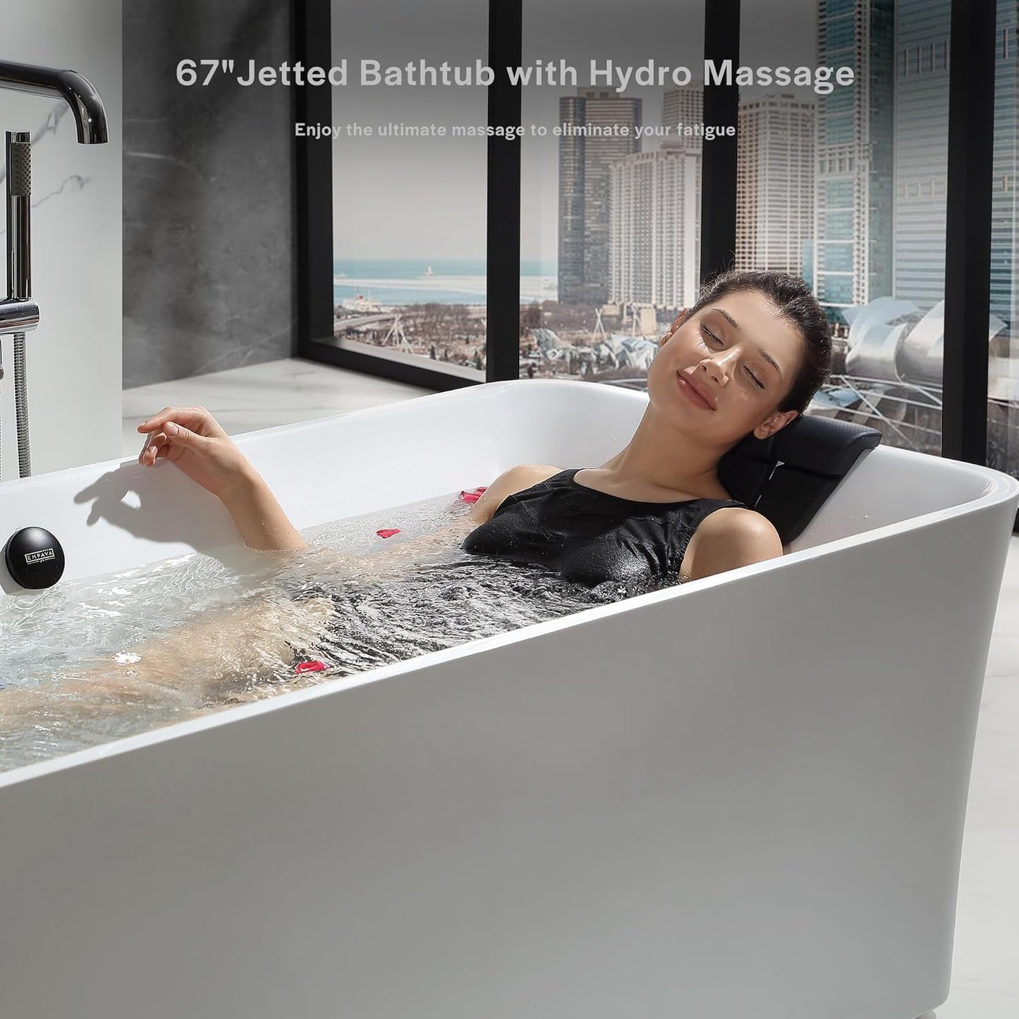 Empava EMPV-67AIS34-BK | 67" Acrylic Freestanding Whirlpool Bathtub | 18 Jets | Black Trim