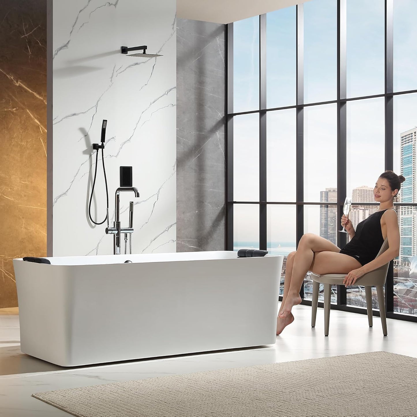 Empava EMPV-67AIS34-BK | 67" Acrylic Freestanding Whirlpool Bathtub | 18 Jets | Black Trim
