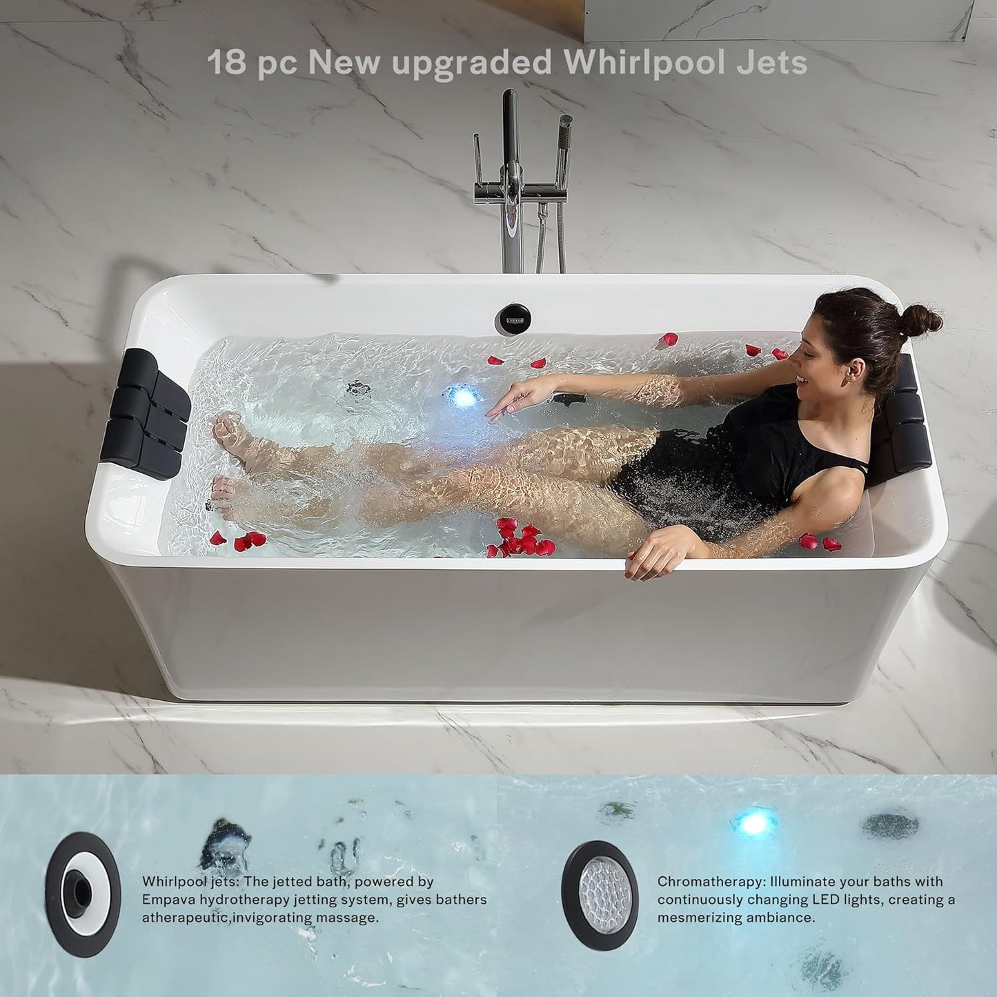 Empava EMPV-67AIS34-BK | 67" Acrylic Freestanding Whirlpool Bathtub | 18 Jets | Black Trim