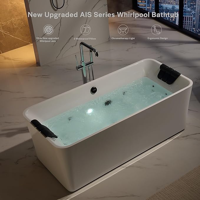 Empava EMPV-67AIS34-BK | 67" Acrylic Freestanding Whirlpool Bathtub | 18 Jets | Black Trim