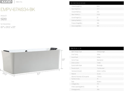 Empava EMPV-67AIS34-BK | 67" Acrylic Freestanding Whirlpool Bathtub | 18 Jets | Black Trim