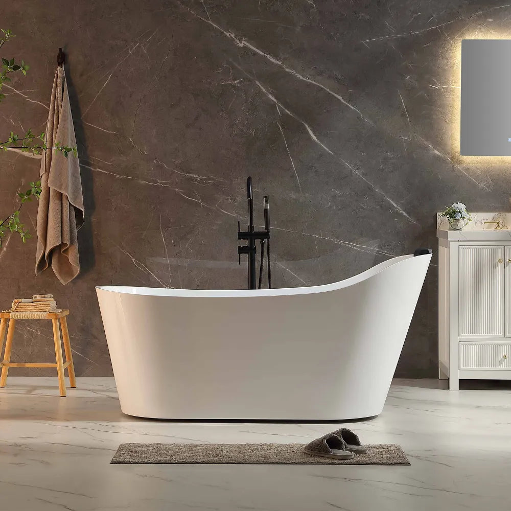 Empava EMPV-67AIS37-BN | 67" White Acrylic Single Slipper Whirlpool Bathtub | 16 Jets | Brushed Nickel