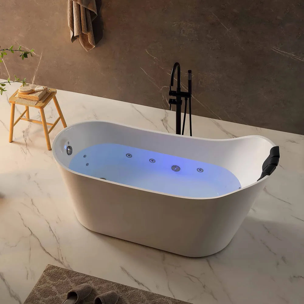 Empava EMPV-67AIS37-BN | 67" White Acrylic Single Slipper Whirlpool Bathtub | 16 Jets | Brushed Nickel