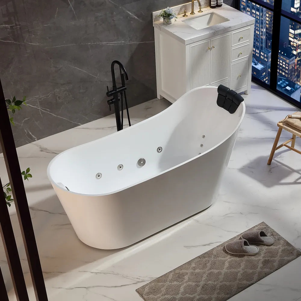 Empava EMPV-67AIS37-BN | 67" White Acrylic Single Slipper Whirlpool Bathtub | 16 Jets | Brushed Nickel