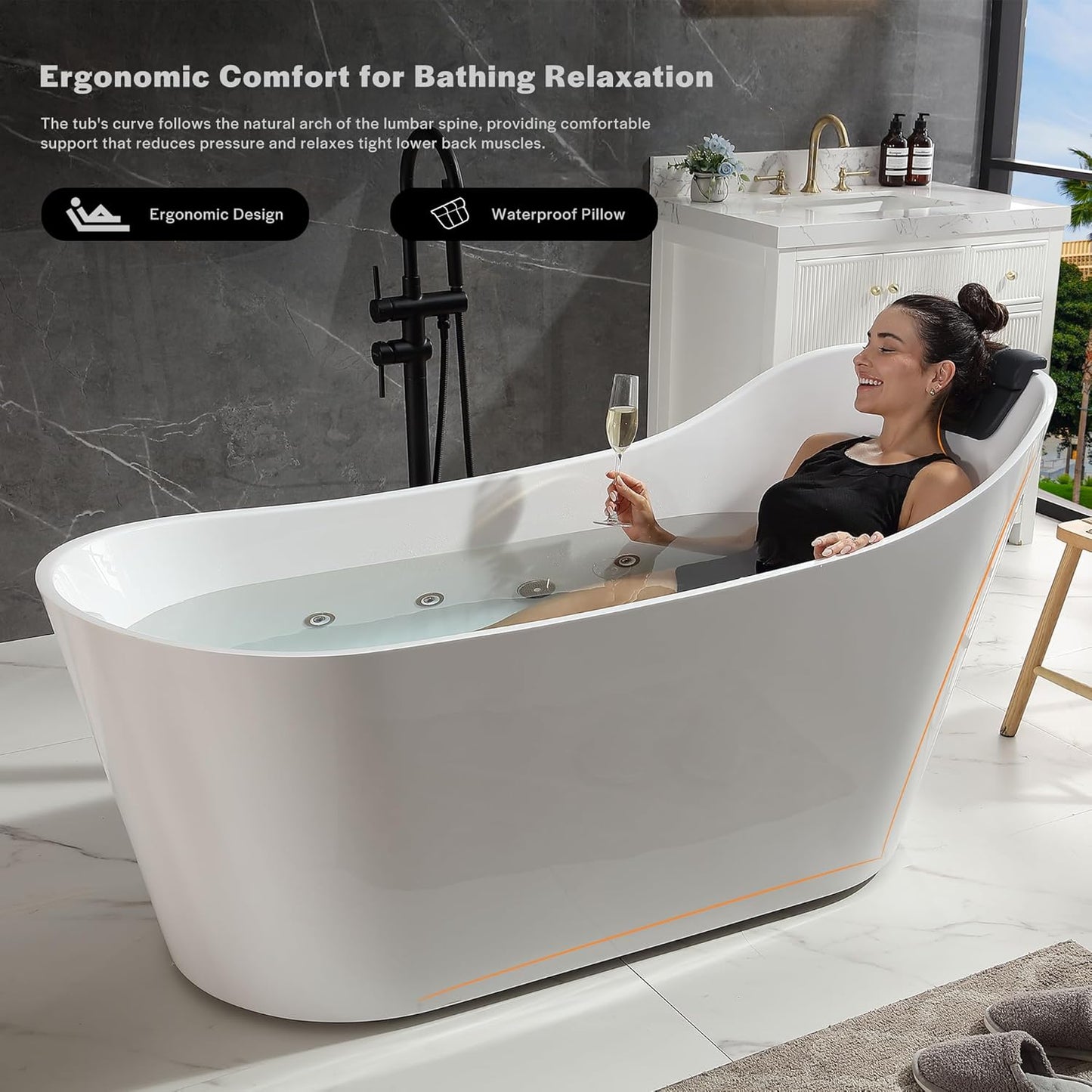 Empava EMPV-67AIS37-BN | 67" White Acrylic Single Slipper Whirlpool Bathtub | 16 Jets | Brushed Nickel