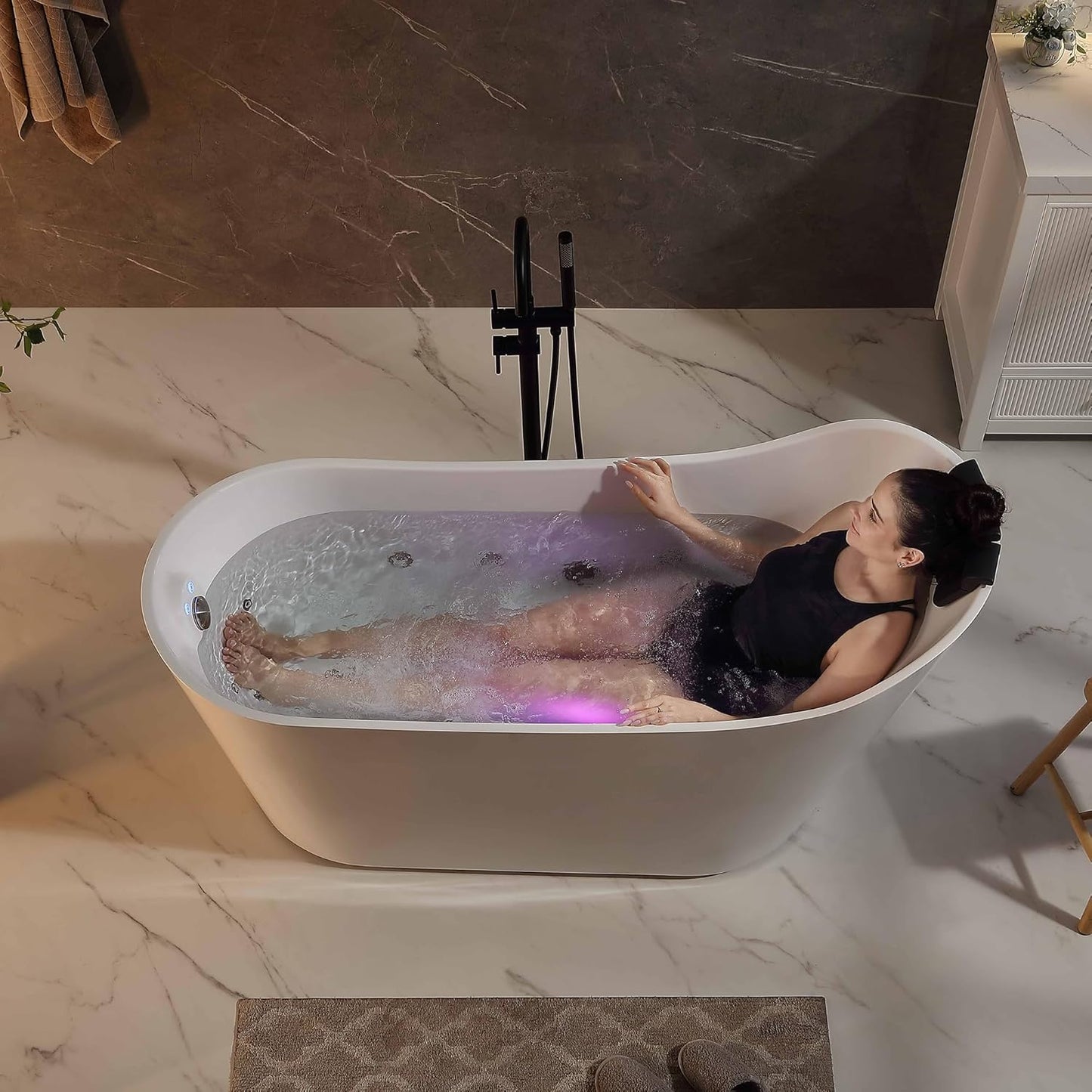 Empava EMPV-67AIS37-BN | 67" White Acrylic Single Slipper Whirlpool Bathtub | 16 Jets | Brushed Nickel