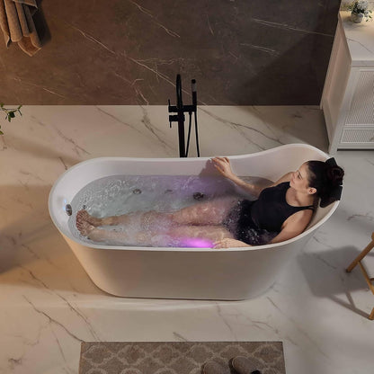 Empava EMPV-67AIS37-BN | 67" White Acrylic Single Slipper Whirlpool Bathtub | 16 Jets | Brushed Nickel