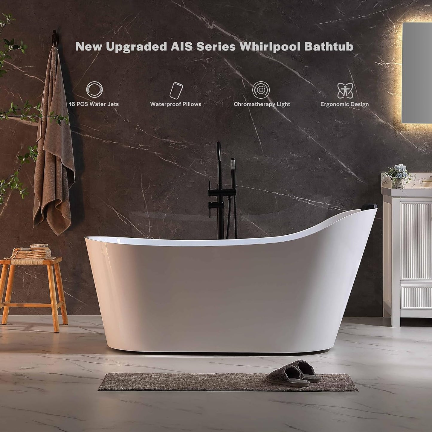 Empava EMPV-67AIS37-BN | 67" White Acrylic Single Slipper Whirlpool Bathtub | 16 Jets | Brushed Nickel