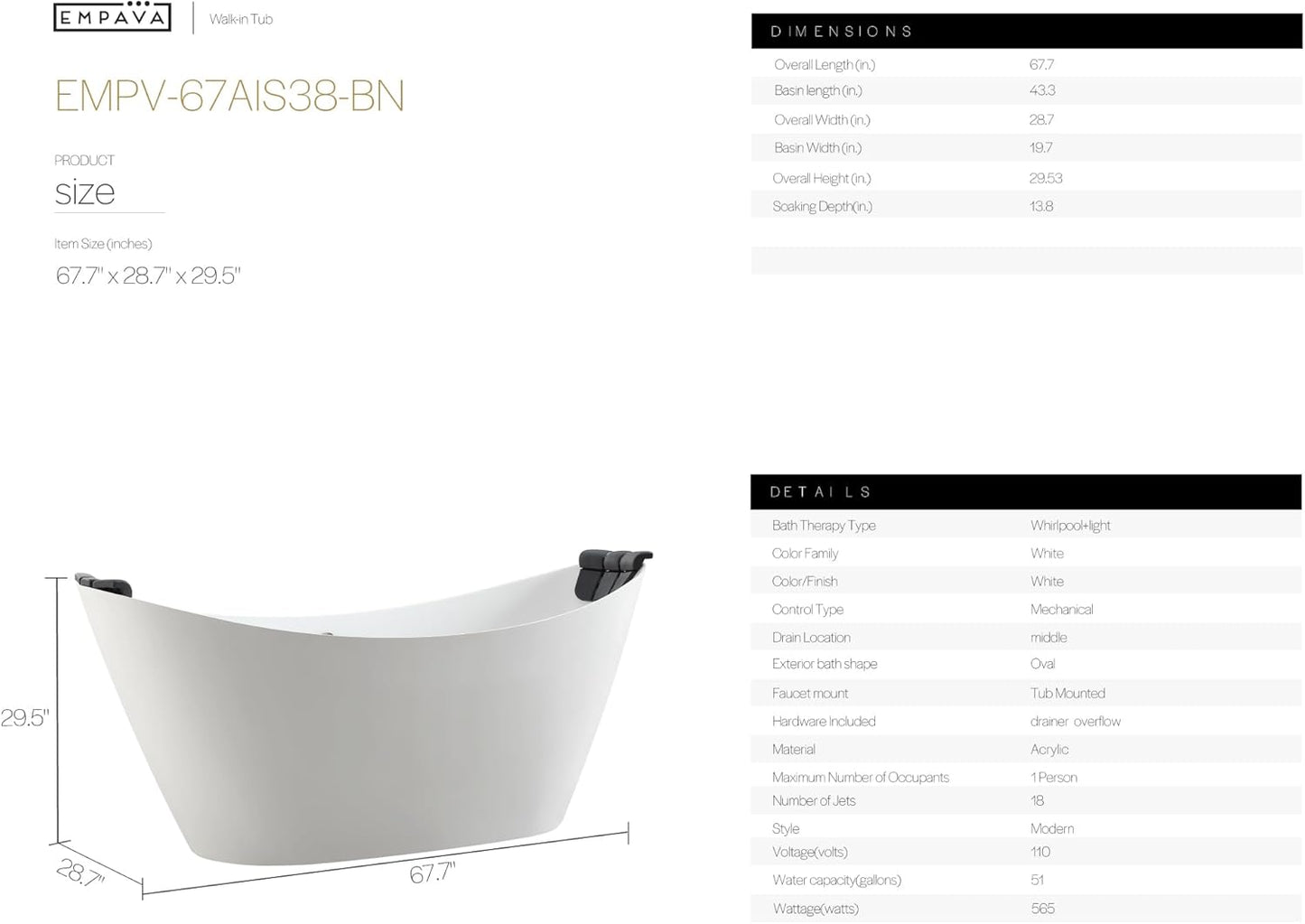 Empava EMPV-67AIS38-BN | 67" White Acrylic Double Slipper Whirlpool Bathtub |18 Jets Brushed Nickel Trim