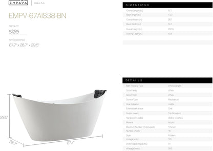 Empava EMPV-67AIS38-BN | 67" White Acrylic Double Slipper Whirlpool Bathtub |18 Jets Brushed Nickel Trim