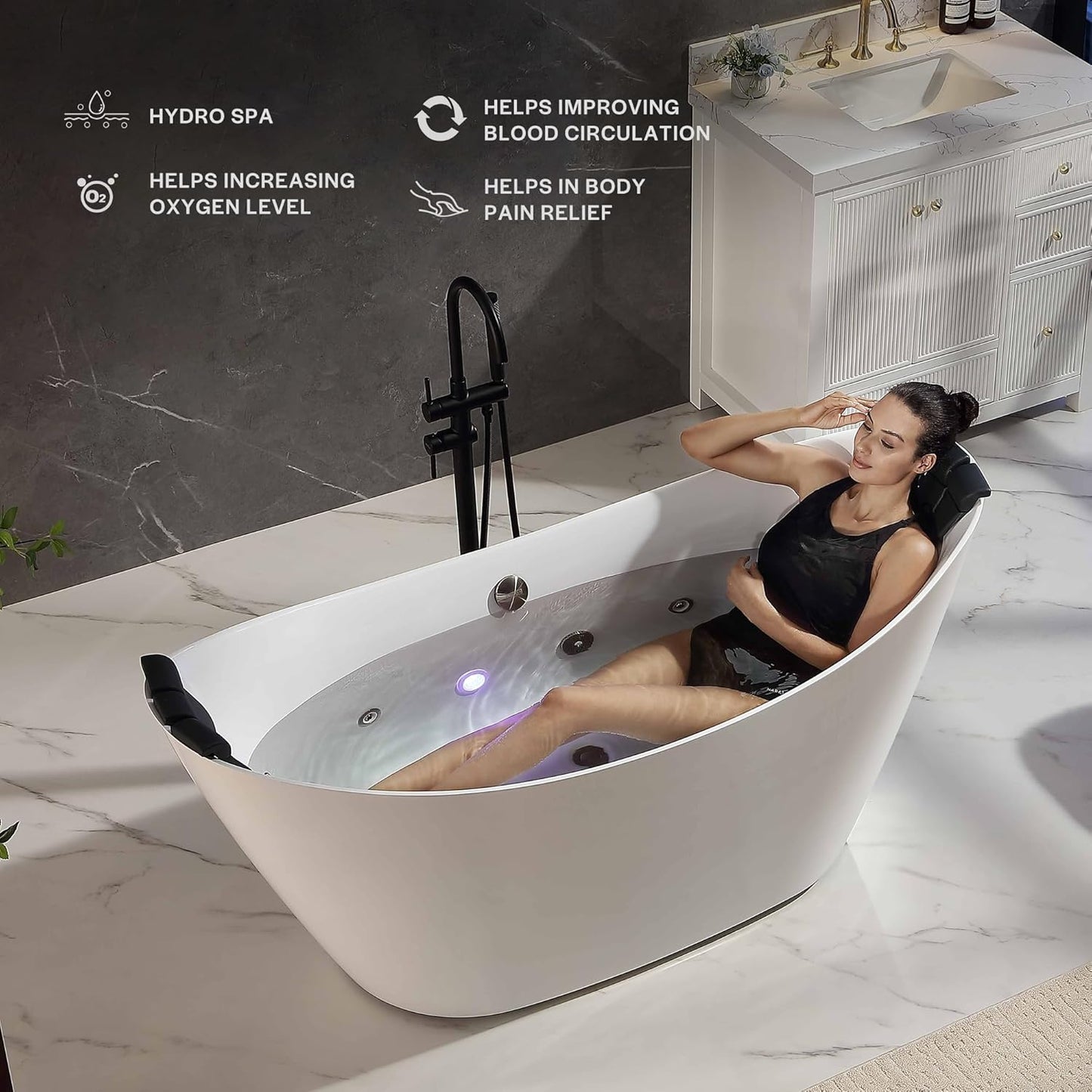 Empava EMPV-67AIS38-BN | 67" White Acrylic Double Slipper Whirlpool Bathtub |18 Jets Brushed Nickel Trim