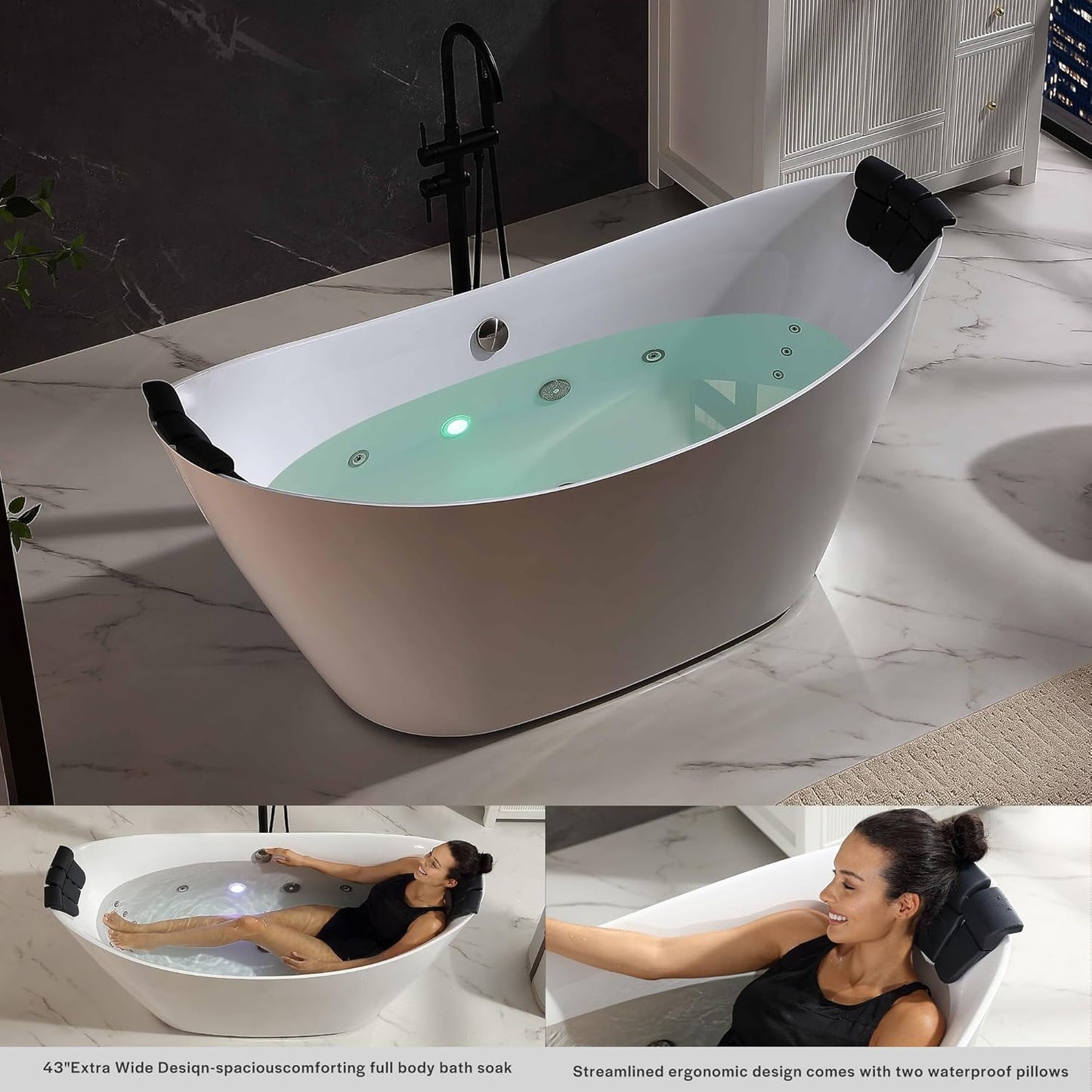 Empava EMPV-67AIS38-BN | 67" White Acrylic Double Slipper Whirlpool Bathtub |18 Jets Brushed Nickel Trim