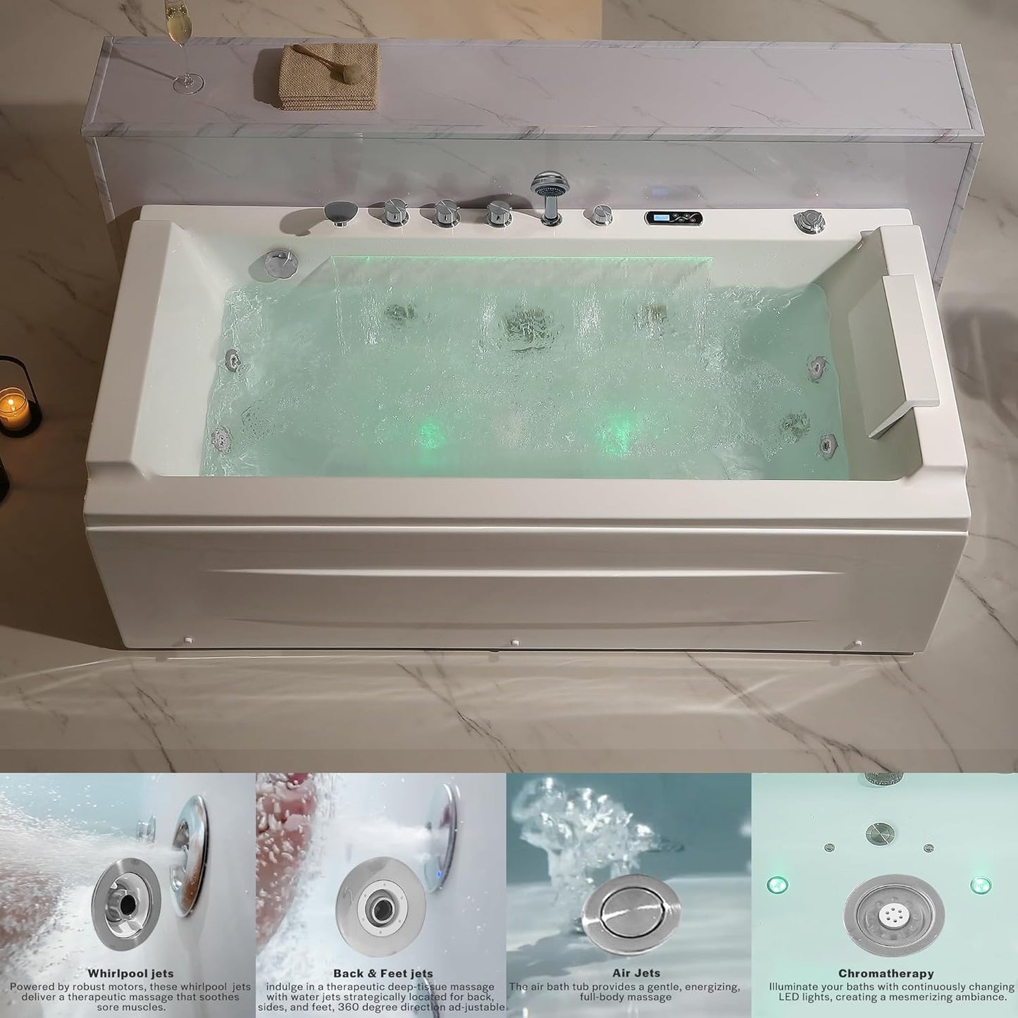 Empava EMPV-71JT351 Empava 71" Whirlpool Bathtub with Hydro Massage, Waterfall, Heater & LED Chromotherapy