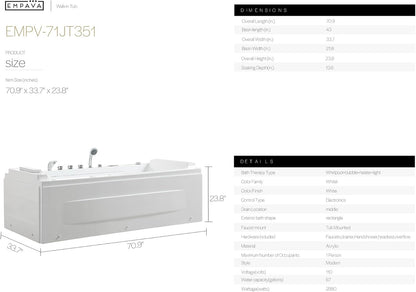 Empava 71" Whirlpool Bathtub with Hydro Massage Heater - EMPV-71JT351