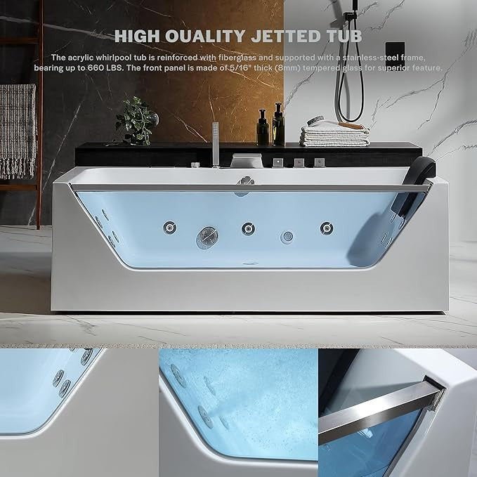 Empava EMPV-71JT408 71"L x 35"W x 25"H Whirlpool Bathtub 10 Jets with Inline Heater and Digital Control Panel