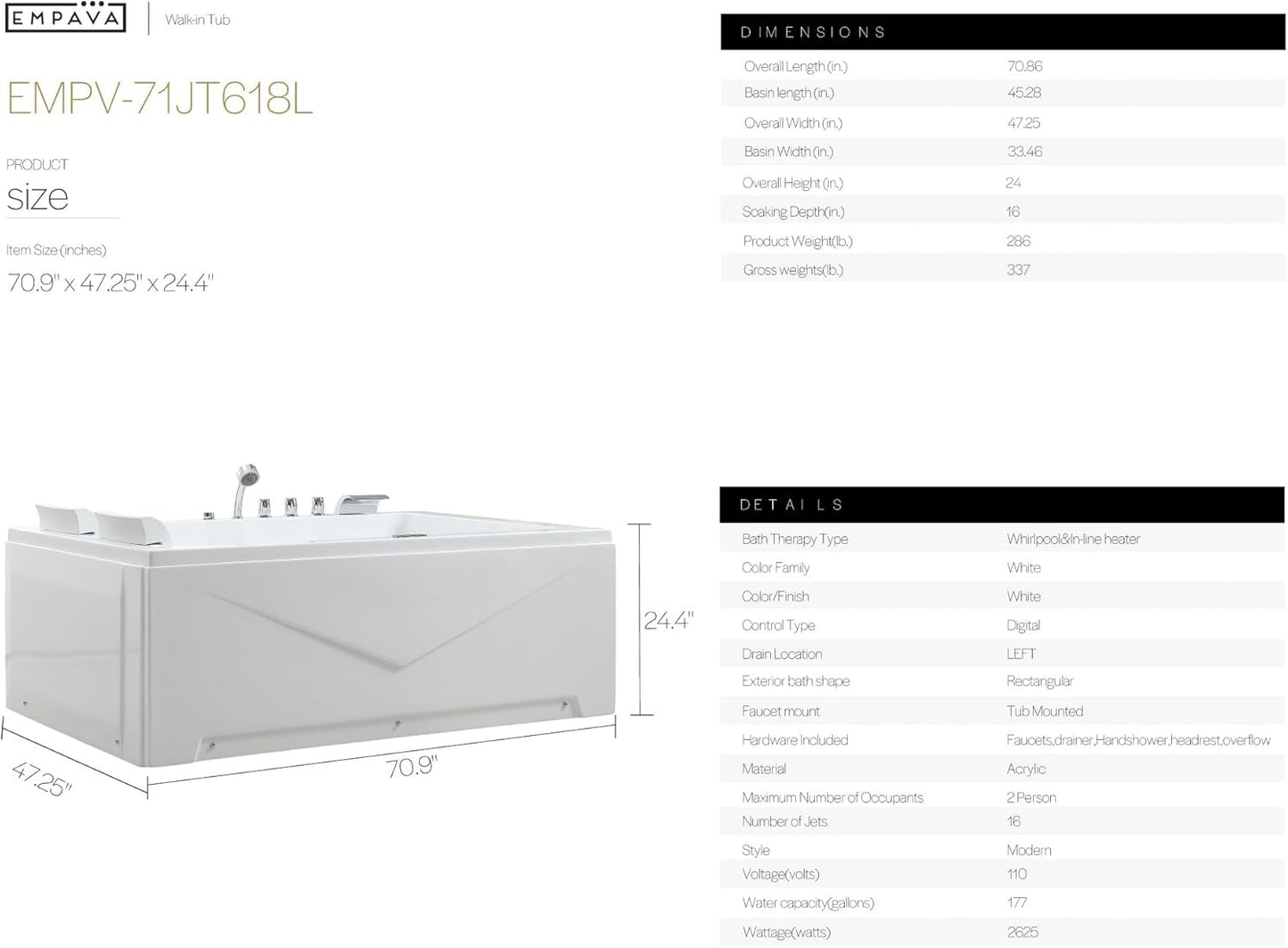Empava EMPV-71JT618L ‎71"L x 47"W x 24.4"H 2-Person Heated Soaking 16 Jets Whirlpool Bathtub