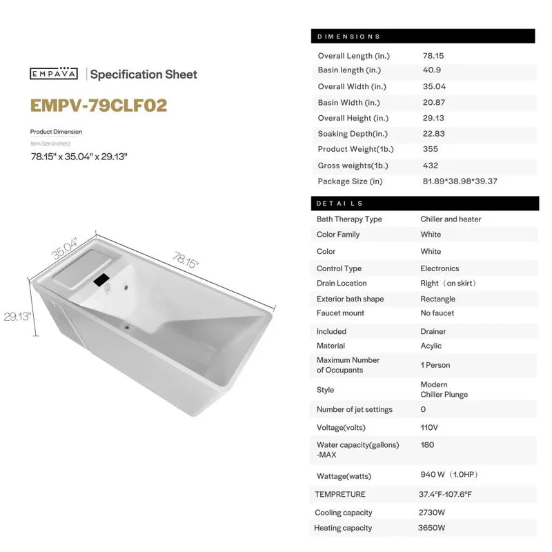 Empava EMPV-79CLF02 | 79-Inch White Acrylic Freestanding Cold Plunge Bathtub with Right Drain
