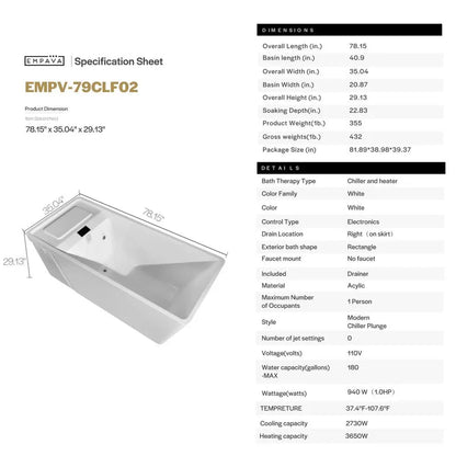 Empava EMPV-79CLF02 | 79-Inch White Acrylic Freestanding Cold Plunge Bathtub with Right Drain