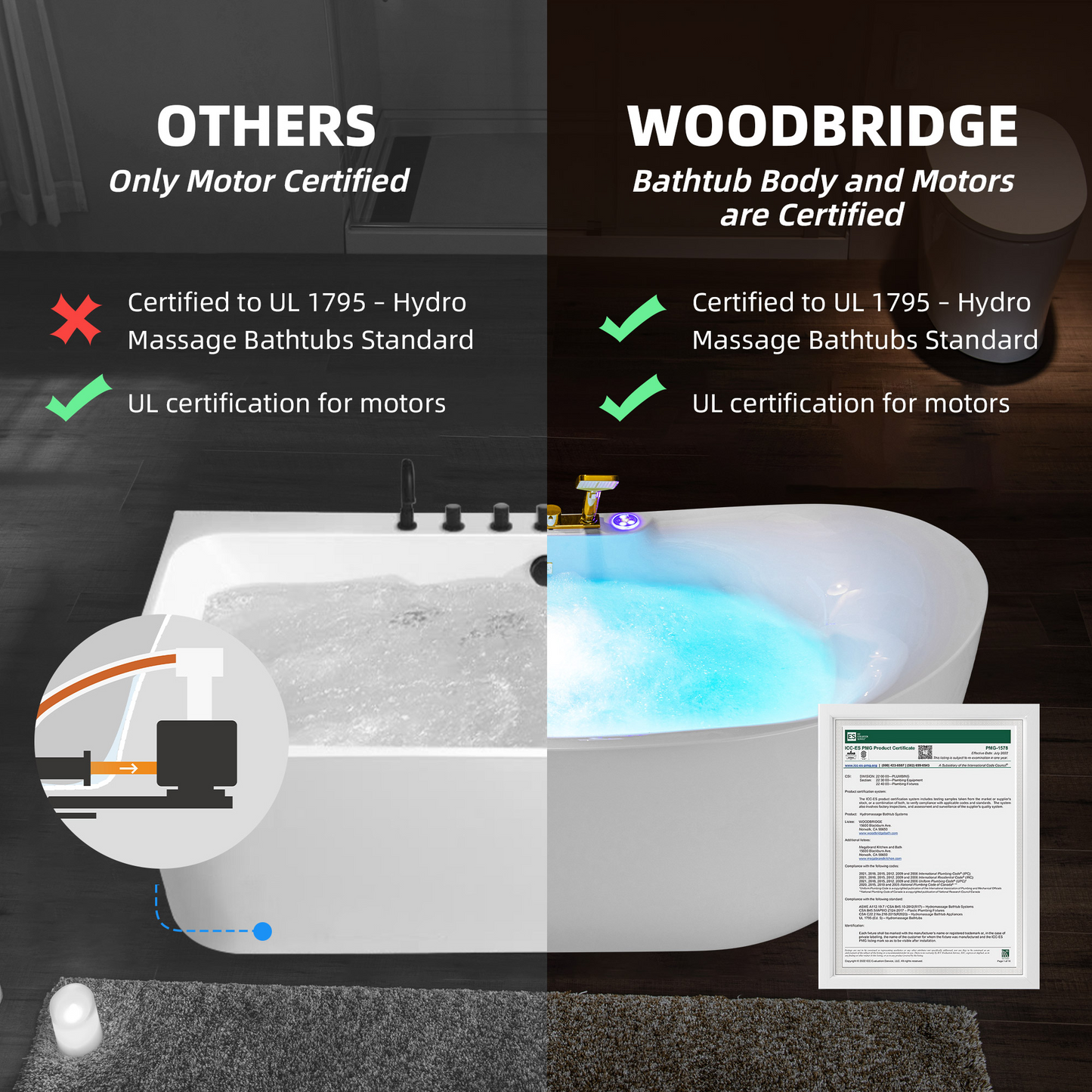 WOODBRIDGE BG400+F0045BG | 72" x 35-3/8" Whirlpool and Air Bath Heated Whirlpool Combination Bathtub with Adjustable Speed Air Jets and Digital Control Panel, Brushed Gold Finish Trim and Drain