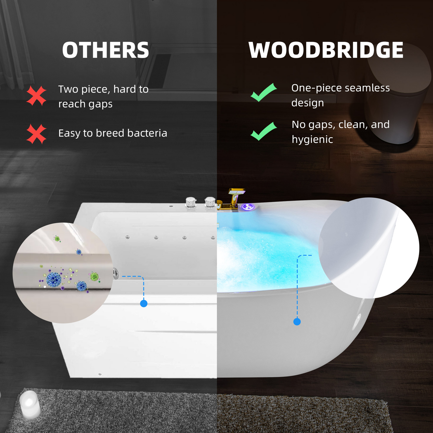 WOODBRIDGE BG400+F0045BG | 72" x 35-3/8" Whirlpool and Air Bath Heated Whirlpool Combination Bathtub with Adjustable Speed Air Jets and Digital Control Panel, Brushed Gold Finish Trim and Drain