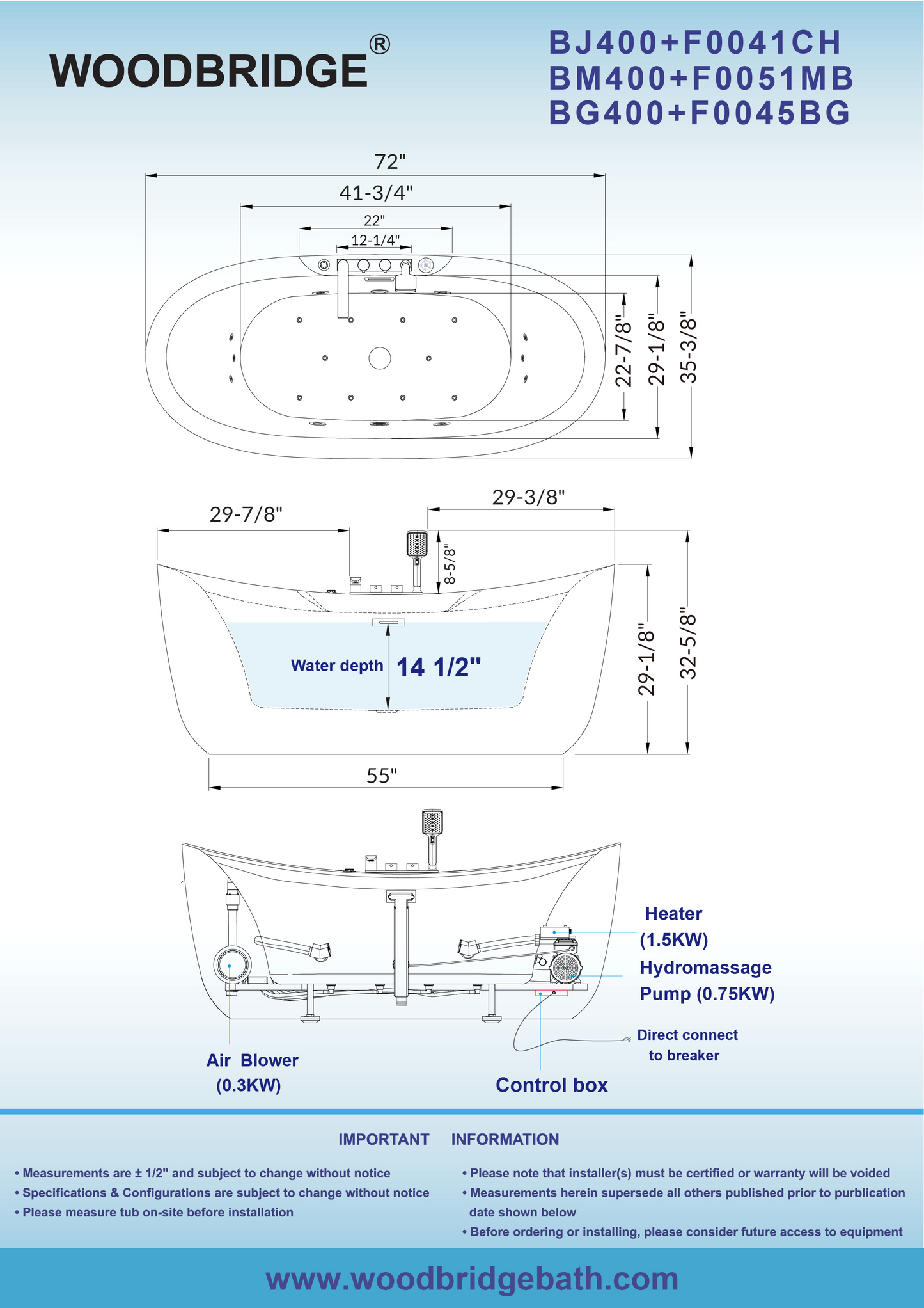 WOODBRIDGE BG400+F0045BG | 72" x 35-3/8" Whirlpool and Air Bath Heated Whirlpool Combination Bathtub with Adjustable Speed Air Jets and Digital Control Panel, Brushed Gold Finish Trim and Drain