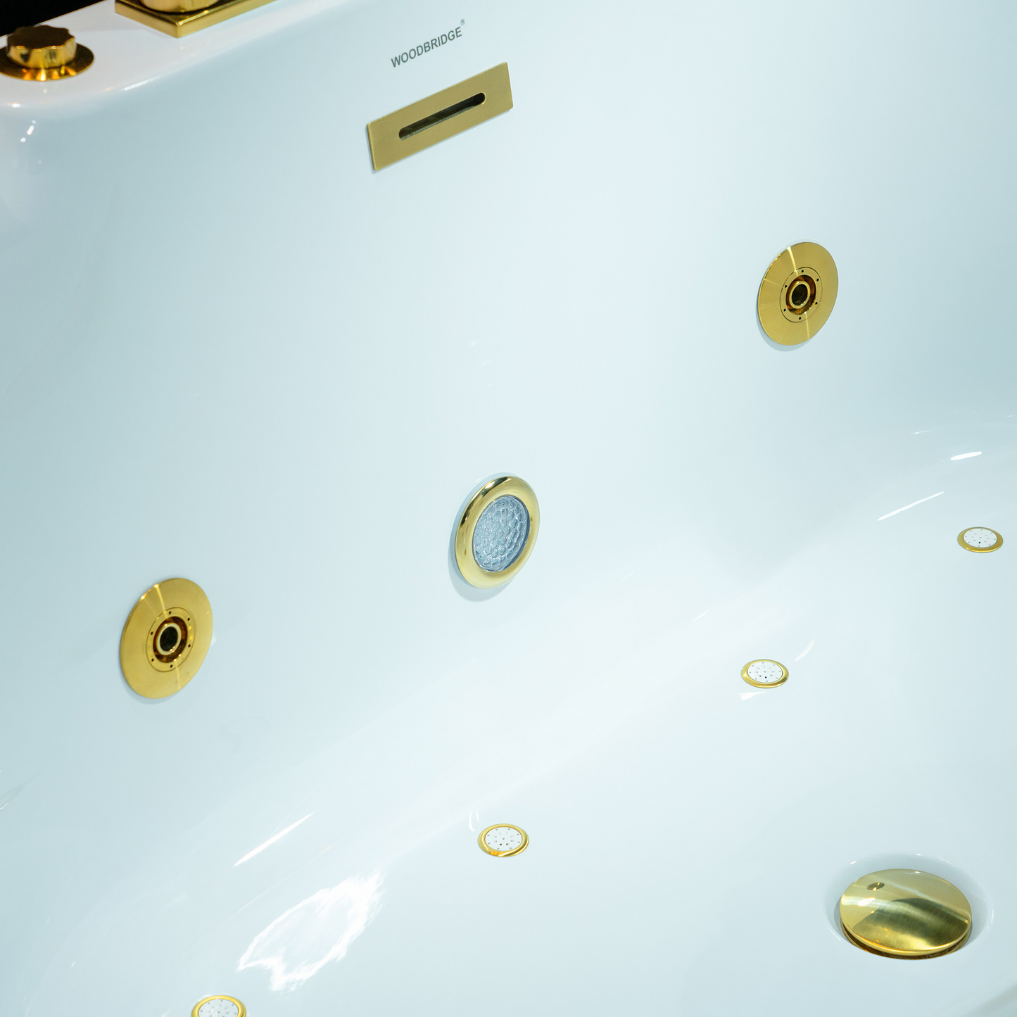 WOODBRIDGE BG400+F0045BG | 72" x 35-3/8" Whirlpool and Air Bath Heated Whirlpool Combination Bathtub with Adjustable Speed Air Jets and Digital Control Panel, Brushed Gold Finish Trim and Drain