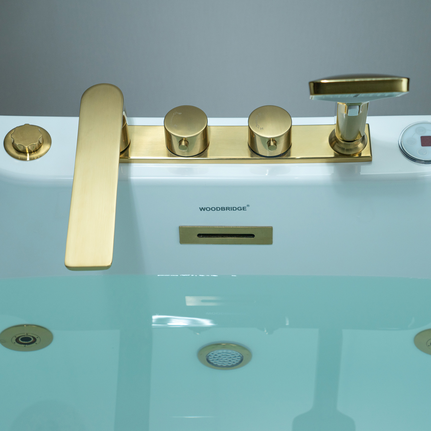 WOODBRIDGE BG400+F0045BG | 72" x 35-3/8" Whirlpool and Air Bath Heated Whirlpool Combination Bathtub with Adjustable Speed Air Jets and Digital Control Panel, Brushed Gold Finish Trim and Drain