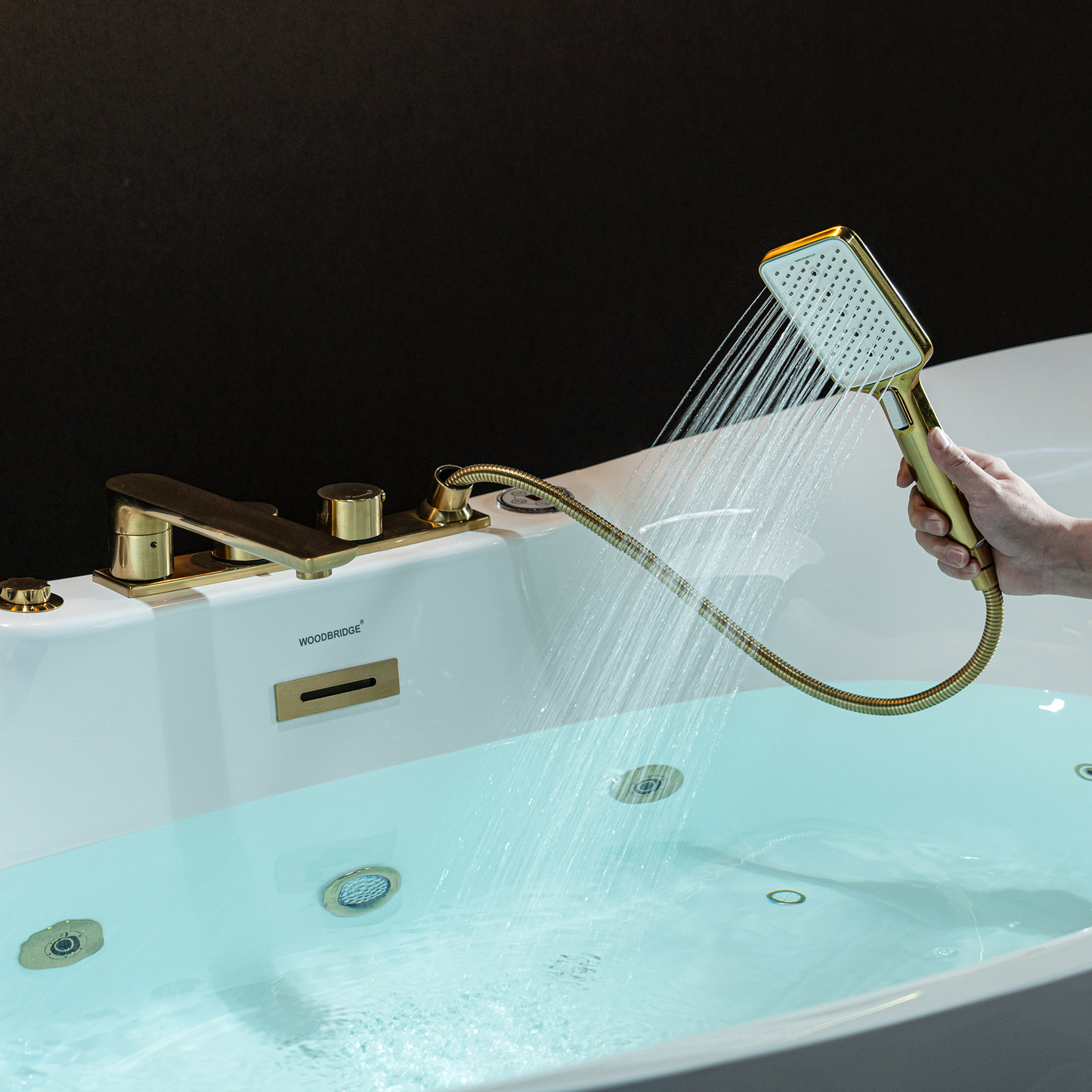 WOODBRIDGE BG400+F0045BG | 72" x 35-3/8" Whirlpool and Air Bath Heated Whirlpool Combination Bathtub with Adjustable Speed Air Jets and Digital Control Panel, Brushed Gold Finish Trim and Drain