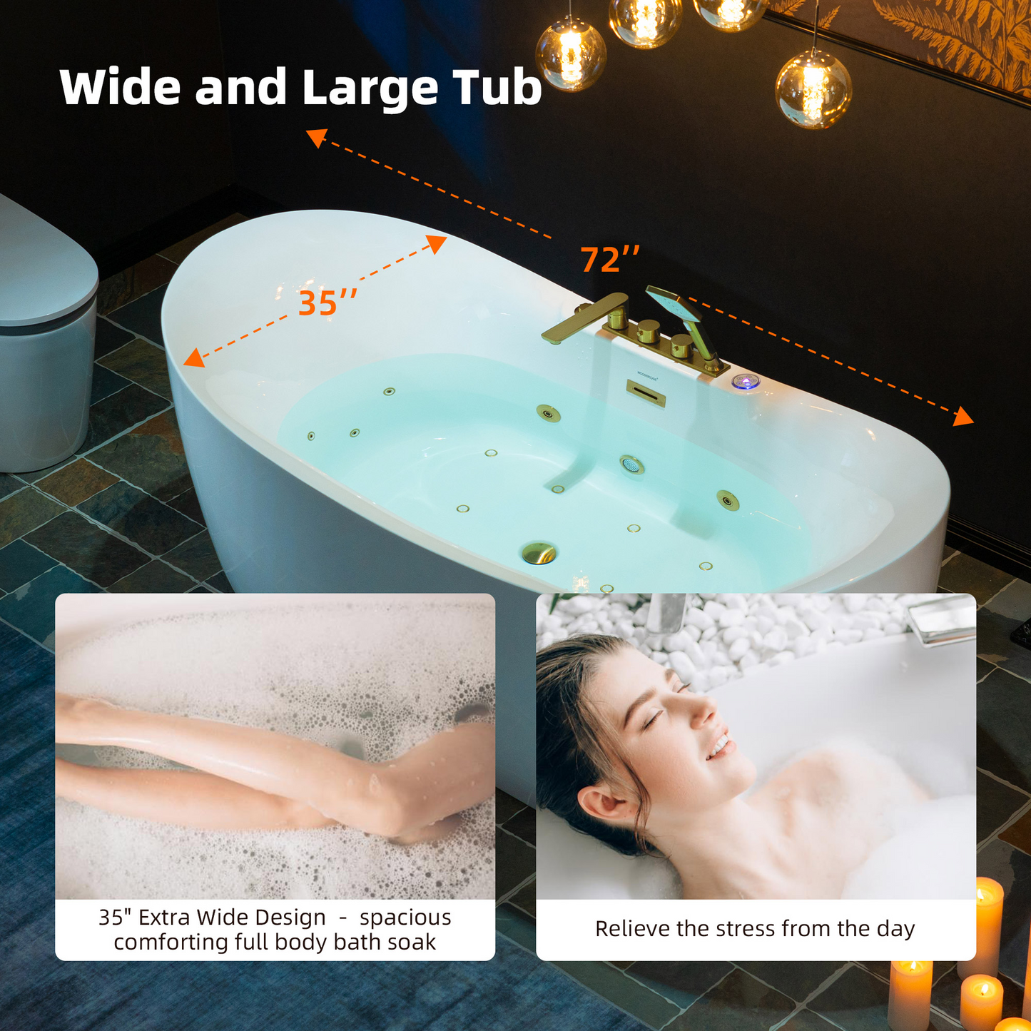 WOODBRIDGE BG400+F0045BG | 72" x 35-3/8" Whirlpool and Air Bath Heated Whirlpool Combination Bathtub with Adjustable Speed Air Jets and Digital Control Panel, Brushed Gold Finish Trim and Drain