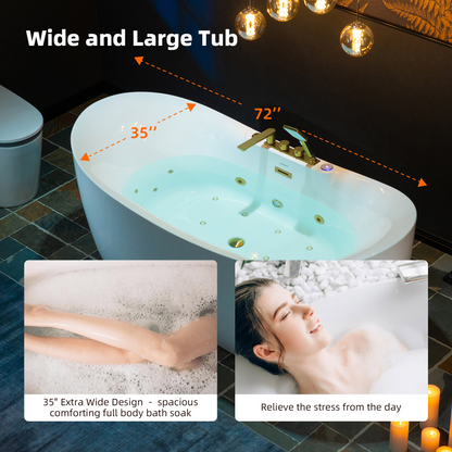 WOODBRIDGE BG400+F0045BG | 72" x 35-3/8" Whirlpool and Air Bath Heated Whirlpool Combination Bathtub with Adjustable Speed Air Jets and Digital Control Panel, Brushed Gold Finish Trim and Drain