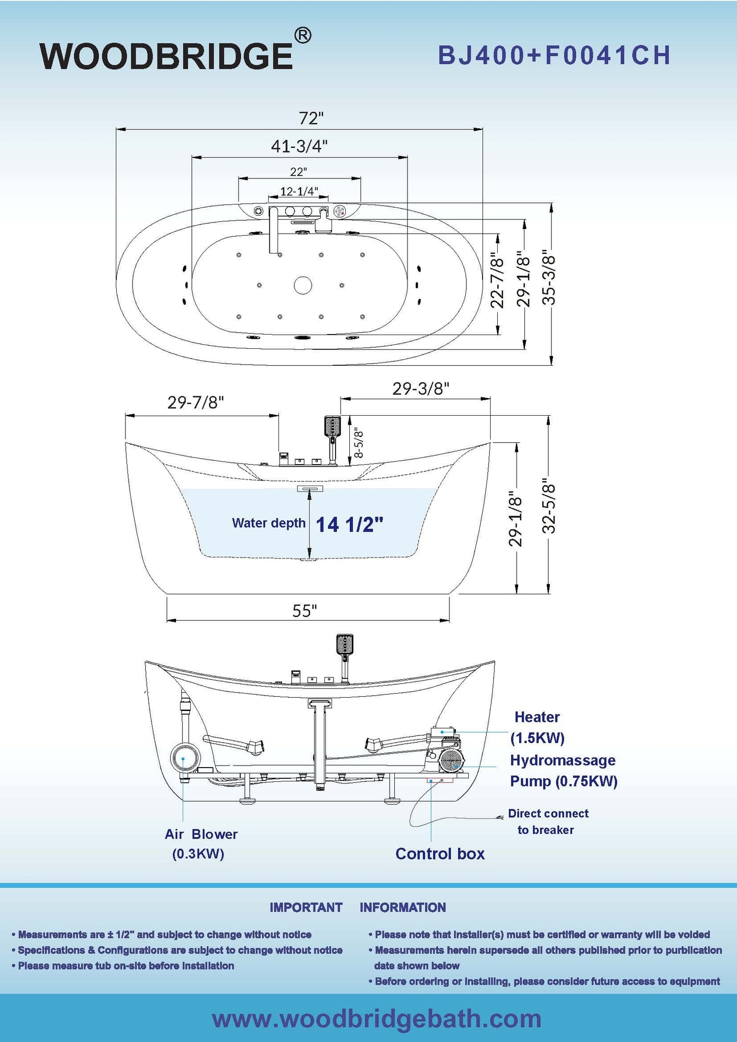 WOODBRIDGE BJ400+F0041CH 72" x 35-3/8" Whirlpool Water Jetted + Air Bubble Freestanding Heated Soaking Combination Bathtub