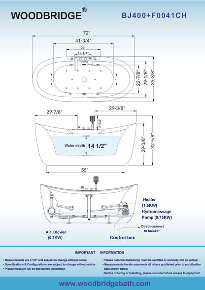 72" Adjustable Speed Whirlpool Tub | Heated, Air & LED Controls | Woodbridge BJ400 + F0041CH