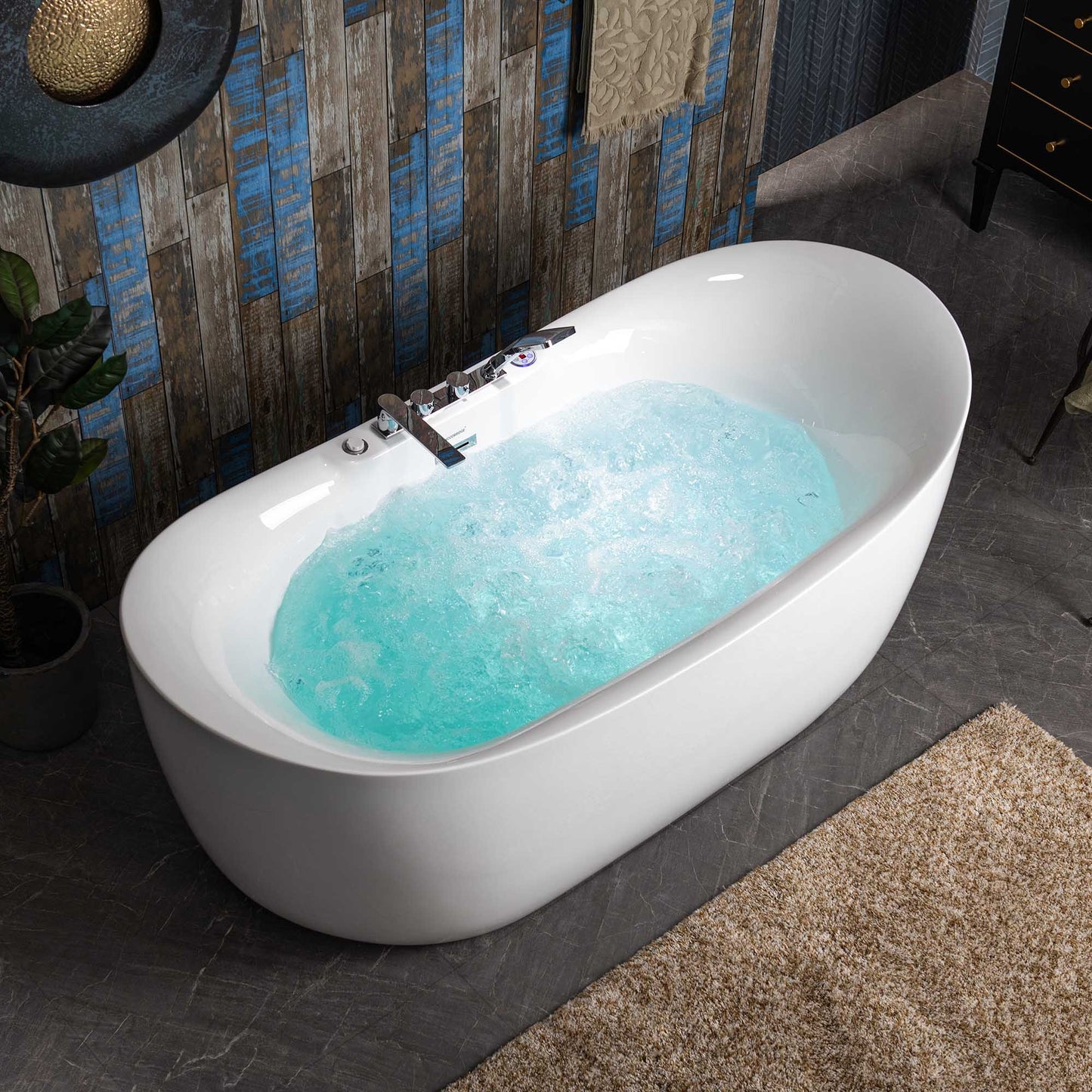 WOODBRIDGE BJ400+F0041CH 72" x 35-3/8" Whirlpool Water Jetted + Air Bubble Freestanding Heated Soaking Combination Bathtub